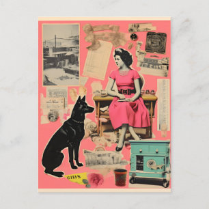 Retro-Dame im Kleid mit schwarzem Hund Collage Postkarte