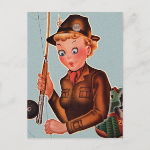 Retro-Dame im Vintage-Stil, die Fliegenfischerei b Postkarte
