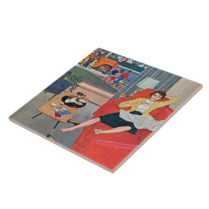 Retro-Dame im Vintage-Stil ruht sich aus Fliese