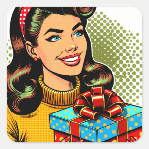 Retro-Dame mit Geburtstagsgeschenk Quadratischer Aufkleber