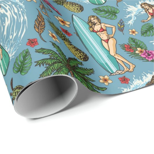 Retro-Dame-Surfmuster Geschenkpapier (Rolleneckpunkt)