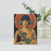 Retro-Dame und Blumen Postkarte (Stehend Vorderseite)