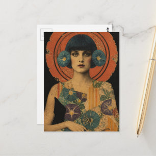 Retro-Dame und Blumen Postkarte