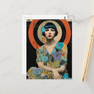 Retro-Dame und Morgen-Glorien-Blumen Postkarte
