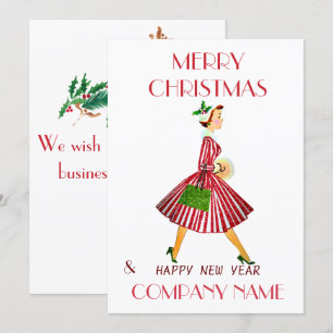 Retro-Dame und Weihnachtsgrußkarte Feiertagskarte