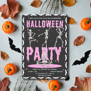 Retro Dancing Skelett Rosa+Schwarz Halloween-Party Einladung