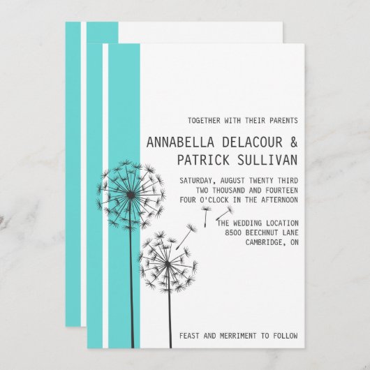 Retro Dandelions Blue Minimalistisch Wedding Einladung (Vorne/Hinten)