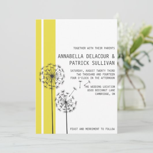 Retro Dandelions Gelbe Minimalistische Hochzeit Einladung (Stehend Vorderseite)