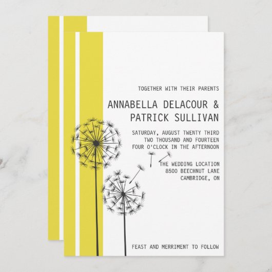 Retro Dandelions Gelbe Minimalistische Hochzeit Einladung (Vorne/Hinten)
