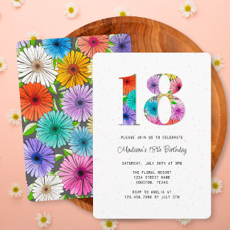 Retro Dark Gray Rustic Floral 18. Geburtstagsparty Einladung