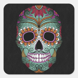 Retro Day of the Dead Sugar Skull on Leather Quadratischer Aufkleber