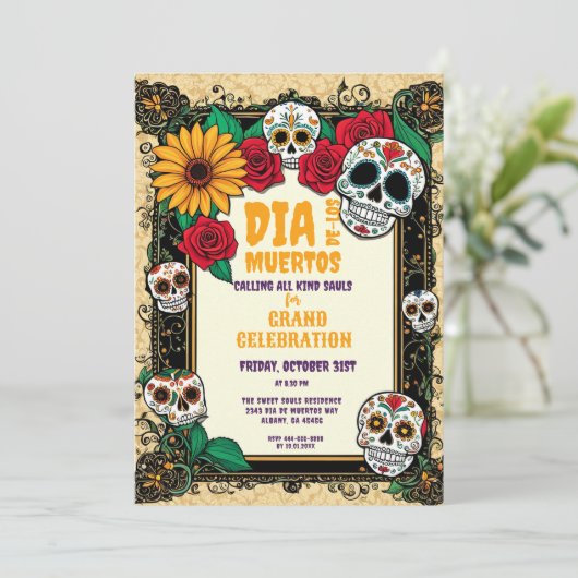 Retro Day of the Dead Sugar Skulls Celebration Einladung (Stehend Vorderseite)