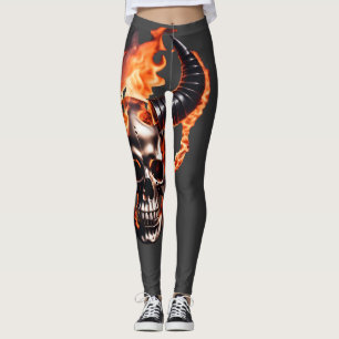 Retro Dead Burning Skull mit Horn im Feuer Leggings