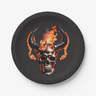 Retro Dead Burning Skull mit Horn im Feuer Pappteller