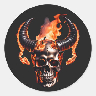 Retro Dead Burning Skull mit Horn im Feuer Runder Aufkleber
