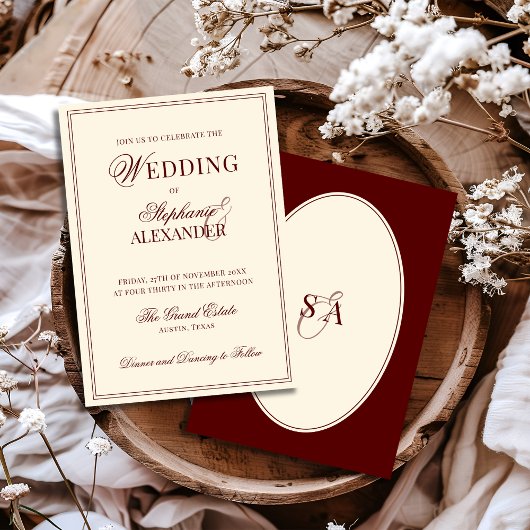 Retro Deep Burgundy Ivory Oval Old Money Wedding Einladung
