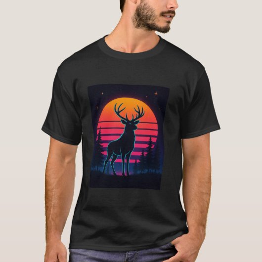Retro Deer Silhouette Moon Forest Wildlife Reinde T-Shirt (Vorderseite)