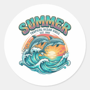 Retro-Delfin tropischer / Strand Sommerurlaub Runder Aufkleber