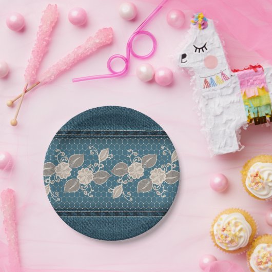 Retro Denim-Beschaffenheit mit Spitze Pappteller (Party)