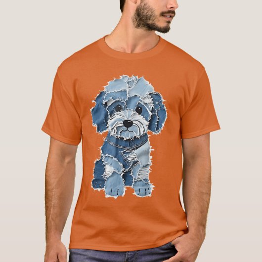 Retro-Denim-Hunde-Patch lustiger schäbiger blauer T-Shirt (Vorderseite)