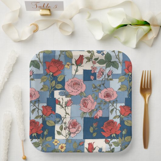 Retro Denim Patches mit Rote Rosen Pappteller (Hochzeit)