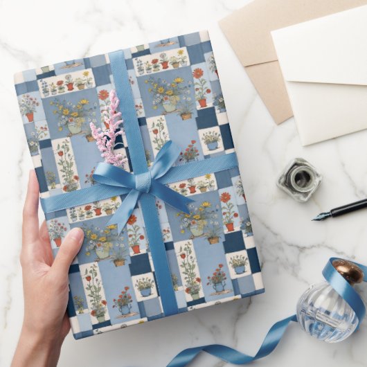 Retro-Denim-Patchwork mit Pflanzen Geschenkpapier (Schenken)