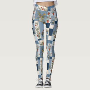 Retro-Denim-Patchwork mit Pflanzen Leggings