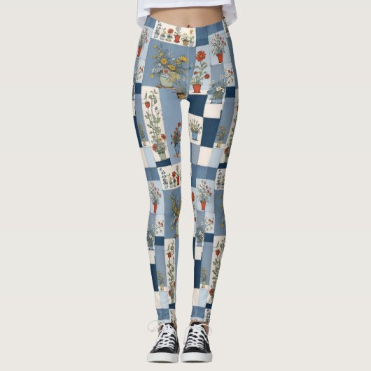 Retro-Denim-Patchwork mit Pflanzen Leggings (Vorderseite)