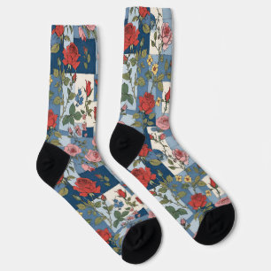 Retro Denim Patchwork mit Rose Socken