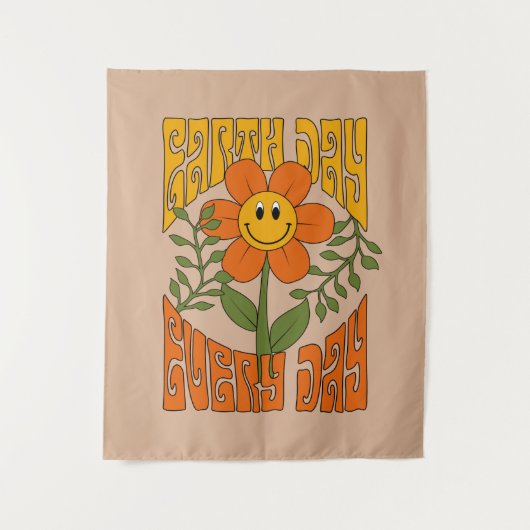 Retro der 70er Jahre Lächelnde Daisy-Blume Wandteppich (Vorderseite)