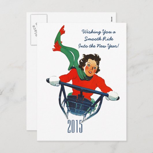 Retro der Gruß-Winter-Sledding Postkarte des neuen (Vorne/Hinten)