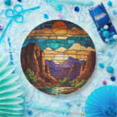 Retro desert scene Sedona mountains stainglass art Pappteller (Party)