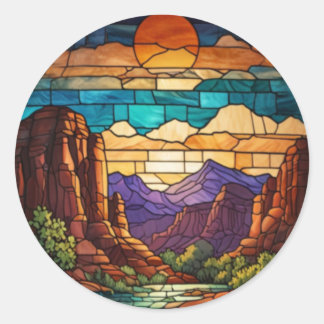 Retro desert scene Sedona mountains stainglass art Runder Aufkleber