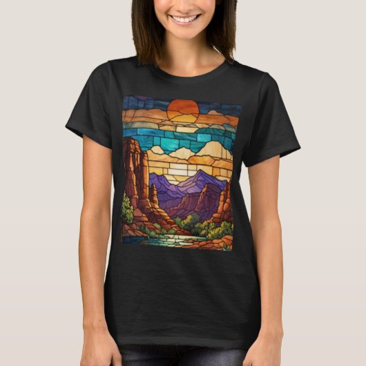 Retro desert scene Sedona mountains stainglass art T-Shirt (Vorderseite)