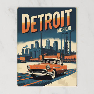 Retro Detroit Industriestadt mit klassischem Auto Postkarte
