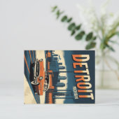 Retro Detroit Industriestadt mit klassischem Auto Postkarte (Stehend Vorderseite)