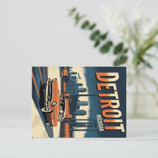 Retro Detroit Industriestadt mit klassischem Auto Postkarte (Stehend Vorderseite)