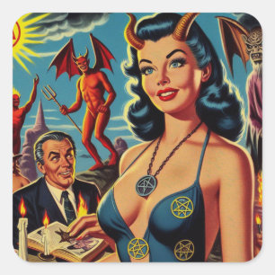 Retro Devil Girl Quadratischer Aufkleber