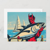 Retro Devil mit einem Tunfisch am Strand Postkarte (Vorne/Hinten)