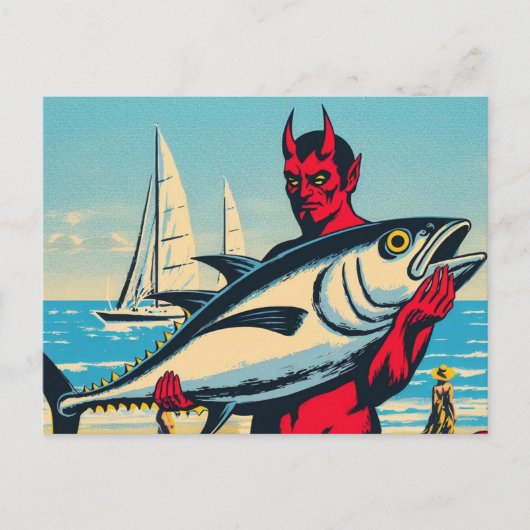 Retro Devil mit einem Tunfisch am Strand Postkarte (Vorderseite)