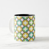 Retro Diamond in Circle Muster Blue Green Gold Zweifarbige Tasse (Vorderseite Links)