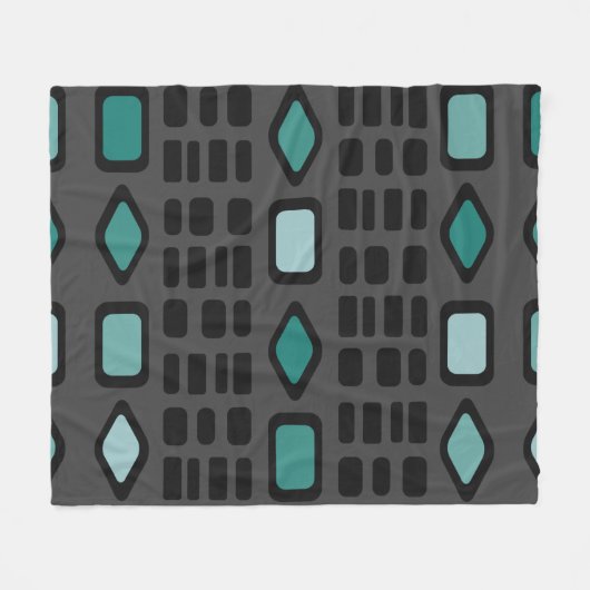 Retro Diamonds Rechtecke Schwarz Türkis Fleecedecke (Vorderseite (Horizontal))