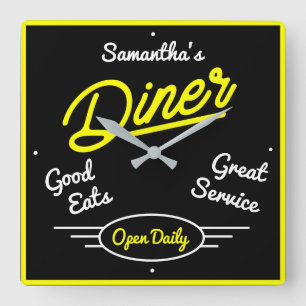 Retro Diner 50 Gelber Neon Effekt Quadratische Wanduhr
