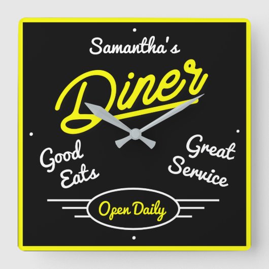 Retro Diner 50er Gelbe Neon Effekt Jeder Name Quadratische Wanduhr (Vorderseite)