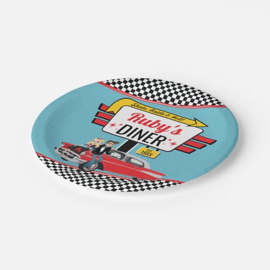 Retro Diner Aquamarin, Red Birthday Party der 50er Pappteller (Schrägansicht)