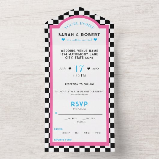 Retro Diner Checkerboard Pink & Blue Wedding All In One Einladung (Innen Boden)