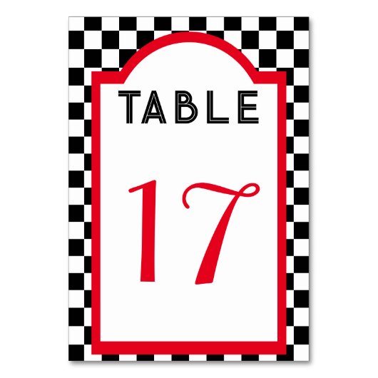 Retro Diner Checkerboard Red Black & White Tischnummer (Vorderseite)