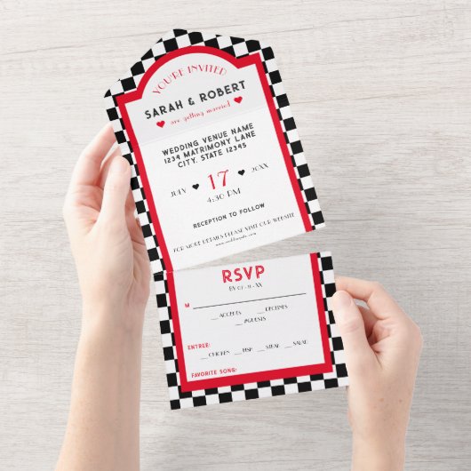 Retro Diner Checkerboard Red Black & White Wedding All In One Einladung (Abreißen)