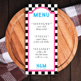 Retro Diner Checkerboard Rosa Hochzeitsempfang Menükarte