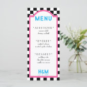 Retro Diner Checkerboard Rosa Hochzeitsempfang Menükarte (Stehend Vorderseite)